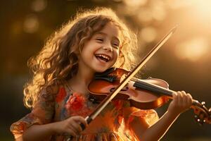 ai gegenereerd jong meisje spelen viool bokeh stijl achtergrond met generatief ai foto