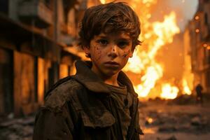 ai gegenereerd een jong jongen staand in voorkant van een brandend gebouw bokeh stijl achtergrond met generatief ai foto