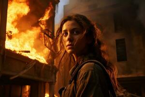 ai gegenereerd een vrouw staand in voorkant van een brandend gebouw bokeh stijl achtergrond met generatief ai foto