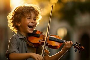 ai gegenereerd jong jongen spelen viool bokeh stijl achtergrond met generatief ai foto
