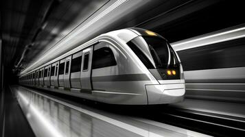 ai gegenereerd strak en futuristische modern metro trein in beweging, glijden door de bruisend stedelijk stadsgezicht foto