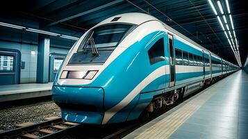 ai gegenereerd strak en modern hoog snelheid trein zoomen met ongelooflijk snelheid langs de staal sporen foto