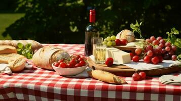 ai gegenereerd buitenshuis tafelkleed picknick voedsel foto