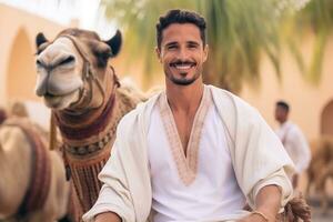 ai gegenereerd blij toerist Aan groep kameel rijden in woestijn foto