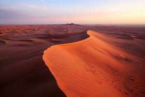ai gegenereerd de enorm uitgestrektheid van een woestijn Bij dageraad foto