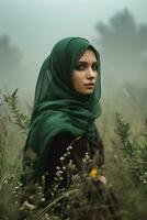 ai gegenereerd mooi vrouw in groen hijab en zwart jurk staand in de buurt groen gras veld- foto