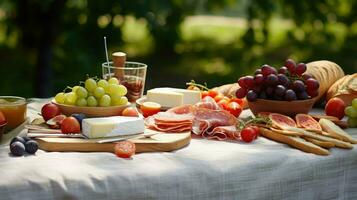 ai gegenereerd partij tafelkleed picknick voedsel foto