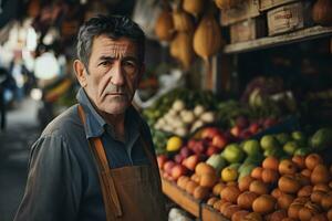 ai gegenereerd portret van een ouderen Mens verkoop fruit Bij markt foto