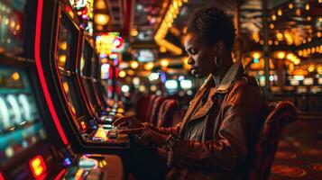 ai gegenereerd jong Afrikaanse Amerikaans vrouw spelen sleuf machine in casino. foto