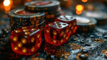 ai gegenereerd rood en zwart casino chips Aan een donker achtergrond met bokeh. foto