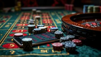 ai gegenereerd casino roulette tafel met chips, kaarten en roulette wiel met mobiel telefoon. online gokken. foto