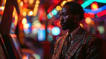 ai gegenereerd portret van een knap Afrikaanse Amerikaans Mens in elegant jasje spelen sleuf machine. foto