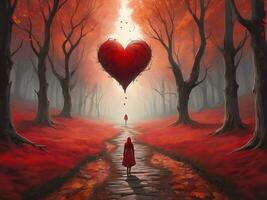 ai gegenereerd Valentijnsdag dag ontsnappen vinden liefde te midden van rood vallen kleuren foto