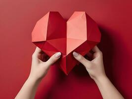 ai gegenereerd 3d veelhoekige rood hart gehouden door vrouw handen Valentijnsdag dag concept foto