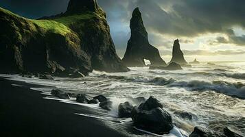 ai gegenereerd IJsland zwart zand strand foto
