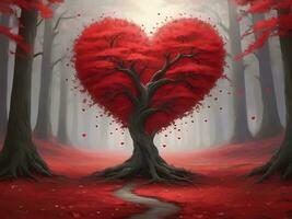 ai gegenereerd rood hart vormig boom 3d rood liefde valentijnsdag dag foto