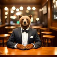 ai gegenereerd beer gekleed in een feestelijk vakantie pak , zittend Bij een tafel in een bar. antropomorf dieren. generatief ai. foto