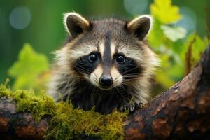 ai gegenereerd schattig wasbeer temidden van een levendig groen Woud, omringd door bladeren en mos. dier in natuurlijk leefgebied. ideaal voor dieren in het wild en natuur thema's, leerzaam inhoud. foto