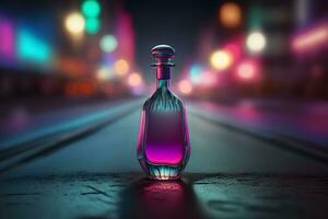 ai gegenereerd parfum fles tegen de backdrop van nacht stad lichten. neurale netwerk gegenereerd kunst foto