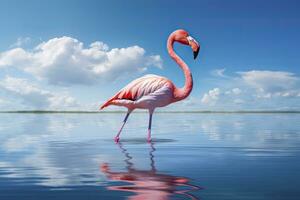 ai gegenereerd roze flamingo in de water. ai gegenereerd foto