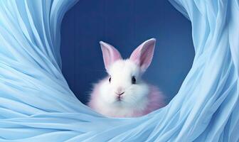 ai gegenereerd schattig konijn is gluren uit van een blauw gat. foto