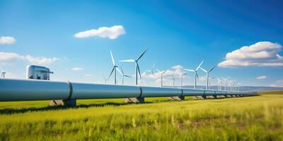 ai gegenereerd waterstof pijpleiding en wind turbines in groen veld, elektriciteit productie, groen energie concept foto