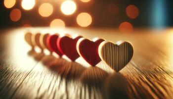 ai gegenereerd een lijn van liefde houten harten Aan een lichtgevend backdrop foto