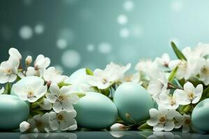 ai gegenereerd vakantie kalmte licht groen Pasen backdrop met eieren en bloemen foto