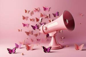 ai gegenereerd blij Aankondiging roze megafoon met harten, sterren, vlinders, 3d foto