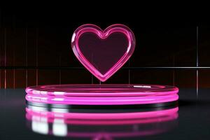 ai gegenereerd valentijnsdag elegantie neon hart contouren, roze podium in reflecterende instelling foto