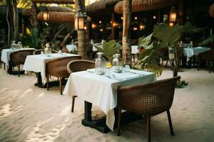 ai gegenereerd exotisch dining ervaring zomer Open lucht luxe restaurant Bij tropisch hotel foto