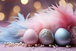 ai gegenereerd rustig Pasen backdrop eieren, veren, schitteren in zacht pastel kleuren foto