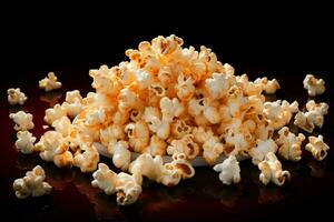 ai gegenereerd popcorn perfectie geïsoleerd Aan zwart, vastleggen de essence van bioscoop foto