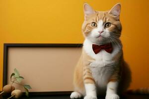 ai gegenereerd aanbiddelijk oranje gestreept kat poses met whiteboard, een speels metgezel foto
