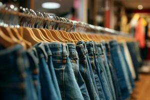 ai gegenereerd boodschappen doen tafereel denim broek Scherm Aan kleding rek in op te slaan foto