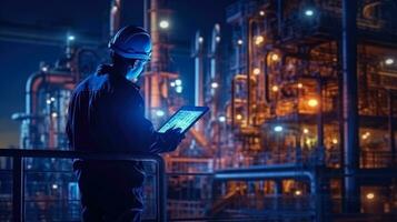 ai gegenereerd bouwkunde werken houden slim tablet in de olie en gas- industrie Bij nacht , brandstof en macht generatie, petrochemisch fabriek industrie achtergrond , ai generatief foto