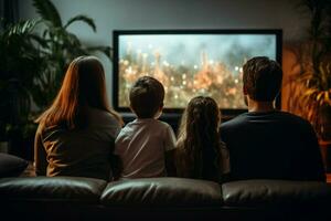 ai gegenereerd ontspannen familie visie jong vrienden aan het kijken TV in leven kamer foto