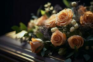 ai gegenereerd plechtig gelegenheid begrafenis bloemen gepresenteerd Aan de kist, dichtbij omhoog foto