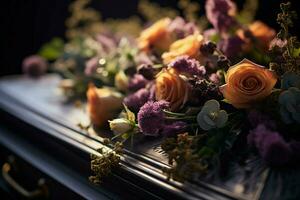 ai gegenereerd rouw gevangen genomen dichtbij omhoog van begrafenis bloemen Aan een plechtig lijkkist foto
