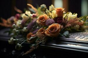 ai gegenereerd begrafenis eerbetoon bloemen gepresenteerd Aan een kist, betekenend herinnering foto