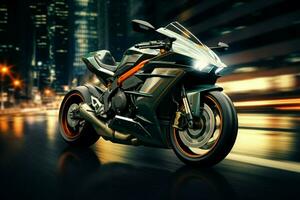 ai gegenereerd snelheid concept motorfiets Aan de weg met beweging vervagen achtergrond foto