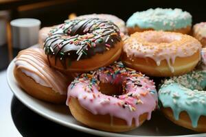 ai gegenereerd donuts in aantrekkelijk presentatie na creatief verbeteringen en bewerkingen foto