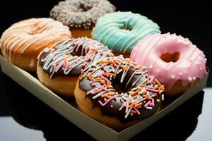 ai gegenereerd verpakt donuts bewerkt voor verrukkelijk presentatie en toegeeflijk in beroep gaan foto