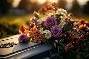 ai gegenereerd begrafenis eerbetoon bloemen gepresenteerd Aan een kist, betekenend herinnering foto