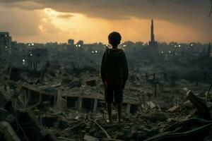 ai gegenereerd een eenzaam kind temidden van oorlogen wrak, staren Bij de ruïnes foto