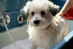 ai gegenereerd verwennerij sessie groomer wast bichon frise mengen in huisdier salon foto