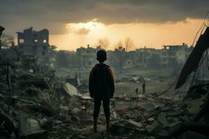 ai gegenereerd oorlogen nasleep kind staat voordat vernietigd gebouw in somber stilte foto