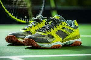 ai gegenereerd actief levensstijl sportschoenen dichtbij omhoog, gekoppeld met tennis uitrusting foto