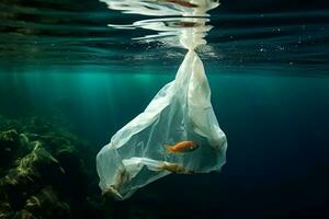 ai gegenereerd marinier verontreiniging plastic zak nadelig ondergedompeld onder de zee foto