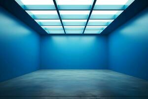 ai gegenereerd blauw tentoonstelling ruimte kamer met leeg canvas en sfeervol verlichting foto